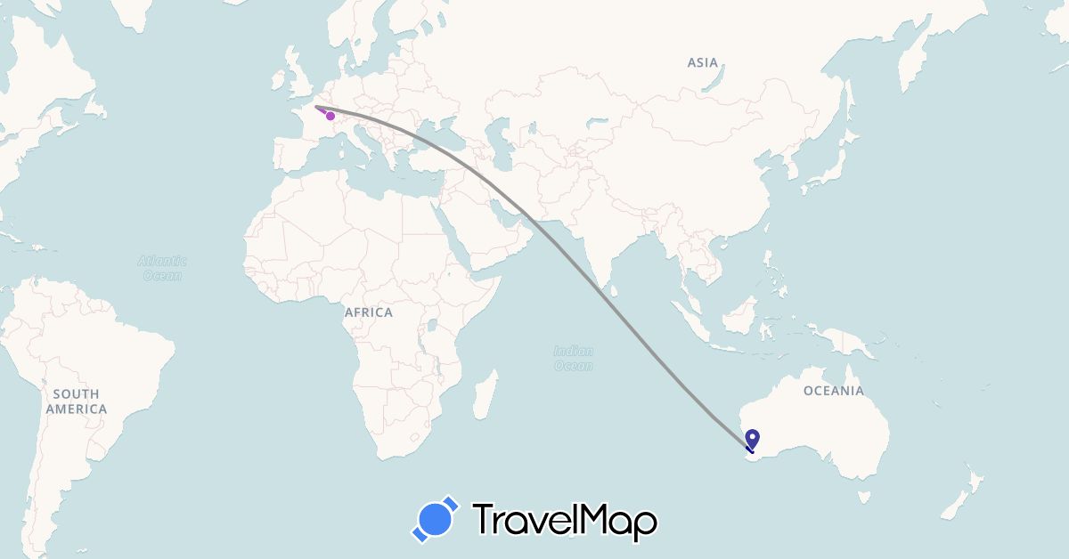 TravelMap itinerary: driving, plane, train in Australia, France (Europe, Oceania)